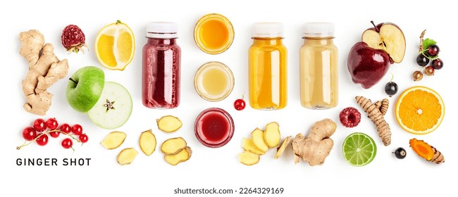 Ginger shot bottles and fresh fruits set isolated on white background. Creative banner. Flat lay, top view. Design element. Healthy eating and immunity booster concept
 - Powered by Shutterstock