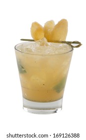 Ginger Sour Cocktail With A Candied Ginger Garnish. Isolated On White.