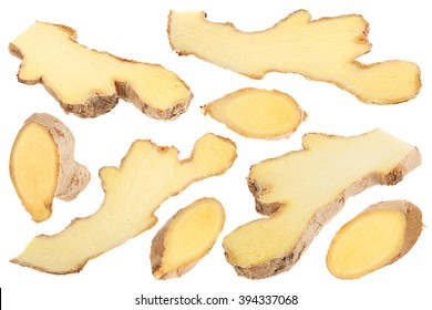 Ginger Spice Root Slice Collection Isolated On White Background