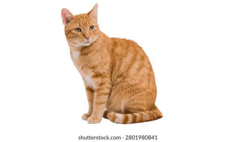 Ginger tabby cat sitting and looking away with alert expression