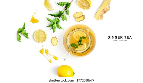 Ginger tea with lemon, mint and honey. Creative composition and layout isolated on white background. Healthy eating and food concept. Top view, flat lay, design elements
 - Powered by Shutterstock