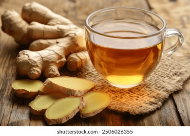 Ginger Tea with Sliced Ginger on Wooden Table