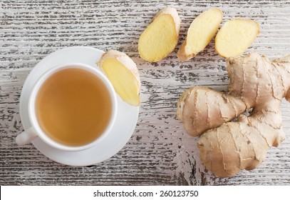 Ginger Tea In A White Cup On Wooden Background