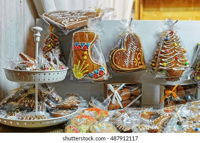 Gingerbread among other cookies in the Vilnius Christmas Market, Lithuania. It is one of the main Christmas symbols which can be decorated with various candies and ornaments.