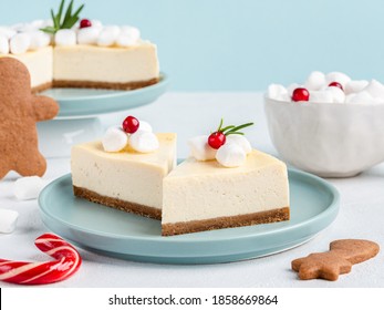 Gingerbread Cheesecake. Christmas Winter Cake Made Of Gingerbread Cookies And Cream Cheese (or Ricotta) Decorated With Marshmallow, Fresh Cranberry And Rosemary. Festive New Year Dessert. Closeup.