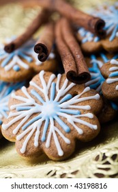 Gingerbread Cookies Decorated With Blue And White