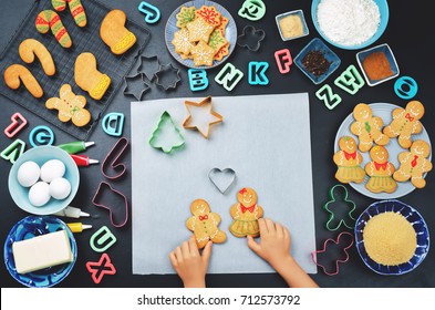 Gingerbread Cookies With Ingredients For Baking And Kids Hands. Toning. Selective Focus