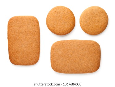 Gingerbread cookies in shape of rectangles and circles isolated on white background. Top view