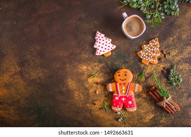 gingerbread. gifts and holiday, happy New Year. chritmas festive background. food background. top view