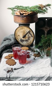 Gingerbread And Glogg, Also Known As Scandinavian Mulled Win Is A Traditional Scandinavian Warming Drink. Christmas Background And Concept For Design