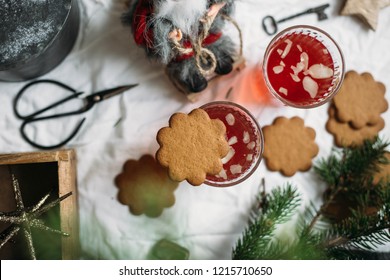 Gingerbread And Glogg, Also Known As Scandinavian Mulled Win Is A Traditional Scandinavian Warming Drink. Christmas Background And Concept For Design