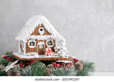 Gingerbread House. Christmas Baked Goods. New Year. Copy Space.