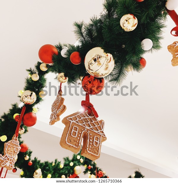Gingerbread House Cookie Christmas Balls Decoration Stock Photo