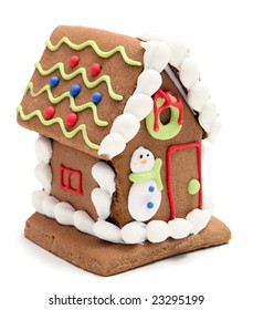 Gingerbread House With Snowman On White Background