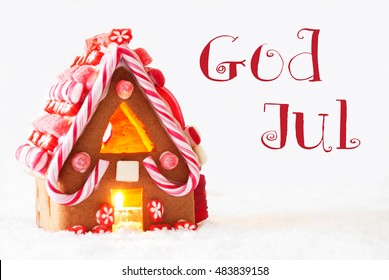 Gingerbread House, White Background, God Jul Means Merry Christmas