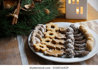 Gingerbread, Linzer and other types of Christmas cookies on a white plate, a festive tablecloth, an Advent wreath and a white decorative house with a burning candle in the background. Selective focus - Powered by Shutterstock