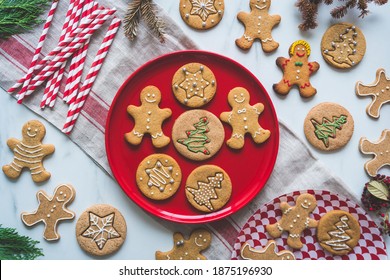 Gingerbread Man Christmas Homemade Cookies On White Wooden Table