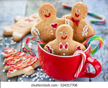 Gingerbread Man Cookies In Red Cup, Christmas Holiday Baking Background, Festive Treats And Sweet Gift For Kids