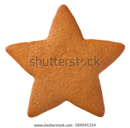 Gingerbread star cookie for Christmas isolated on white background. Top view
