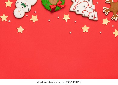 Gingerbreads Christmas Background. Copy Space. Top View