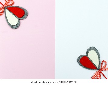 Gingham Love Valentine's Hearts Natural Cord And Red Clips Hanging On Rustic Driftwood Texture Background, Copy Space