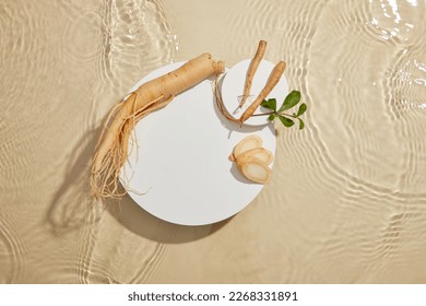 Ginseng and ginseng slices on a circle podium, an herbal medicine ingredient from Korea. View from above