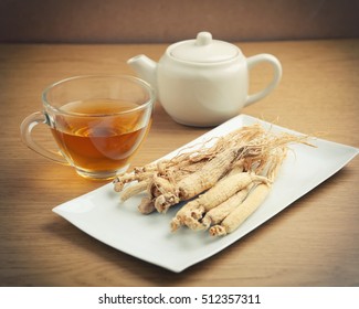 Ginseng Tea ,Dry Ginseng Roots, The Concept Of Healthy Drink.