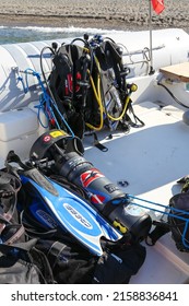 GIOIOSA MAREA, ITALY - Jun 11, 2015: A Closeup Of Buoyancy Compensators And Tanks For Diving On The Boat