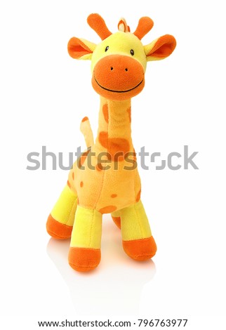 Giraffe plushie doll isolated on white background with shadow reflection. Giraffe plush stuffed puppet on white backdrop. Colored stuffed giraffe toy. Yellow giraffe.