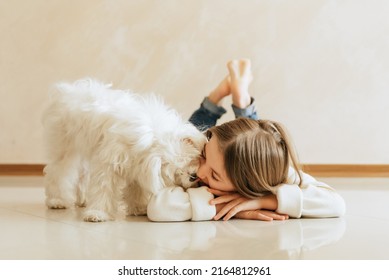 girl 9 years old with long hair model with a pet dog Maltese schoolgirl at home lifestyle on a beige background allergy veterinarian