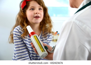 Girl About To Breath Into A Peak Flow Meter (spirometer), Lung Function Test