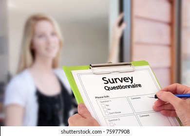 Girl Answering Market Research Survey Questionnaire Questions At The Door