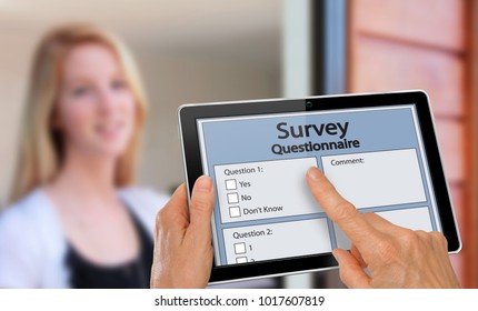 Girl answering survey questionnaire interview on tablet