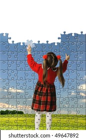 The Girl Assemble Big Puzzle. Landscape On A Picture