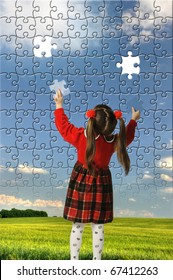 The Girl Assemble Big Puzzle. Landscape On A Picture