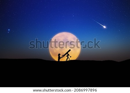 Girl with astronomical telescope stargazing under starry sky.