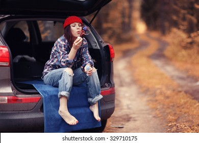 Girl Autumn Trip By Car