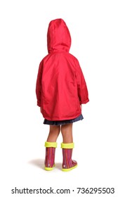 Girl Is Back In Rubber Boots And A Raincoat Isolated On White Background