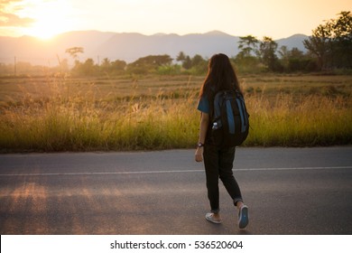 Girl Backpack Adventure Look Mountain Sunset Stock Photo (Edit Now ...