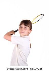 Girl with a badminton racket on a white background