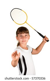 Girl with a badminton racket on a white background
