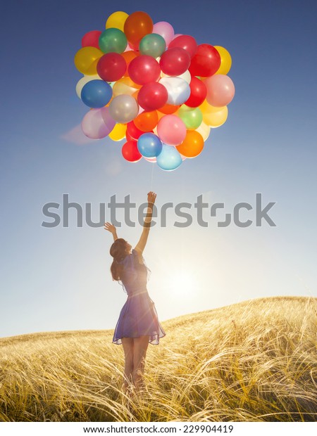 Girl Balloons Nature Happy Field Stock Now) 229904419