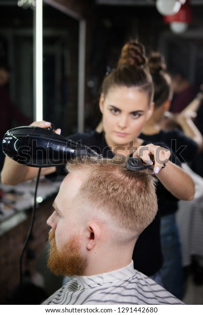 Girl Barber Cuts Young Man Barber Stock Photo Edit Now