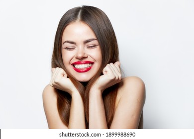 Girl With Bare Shoulders Happy Face Joy Success Bright Makeup 