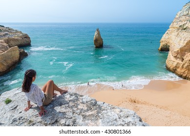 Girl At Beautiful Beach Carvalho Of Algarve, Portugal
