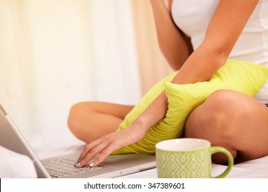 Girl In Bed With Lap Top And Cup Of Coffe