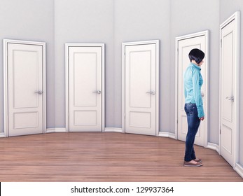 Girl before a white doors in fear of the unknown