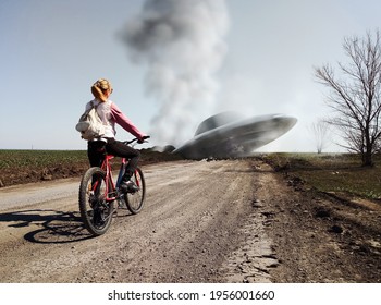 Girl with a bicycle standing near a wrecked UFO. Photo with 3d rendering elements