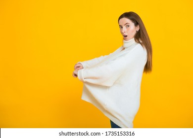 Girl In Too Big Sweater After Losing Weight. The Concept Of Healthy Eating