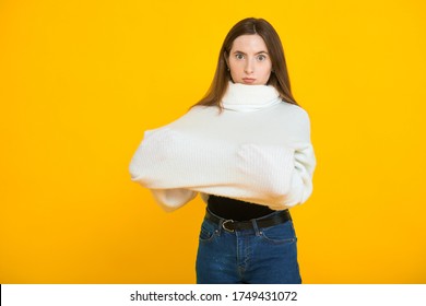 Girl In Too Big Sweater After Losing Weight. The Concept Of Healthy Eating